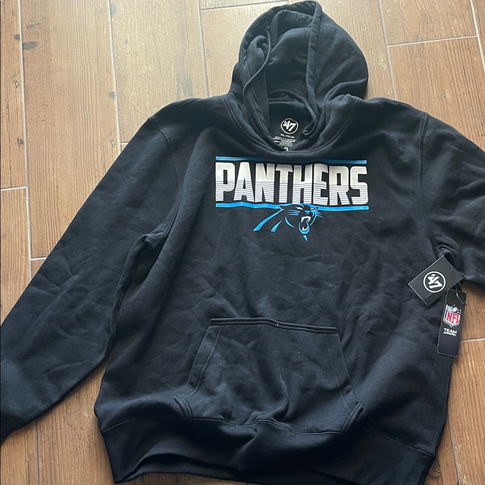 47 Black Hoodie with Blue Carolina Panthers Football Design